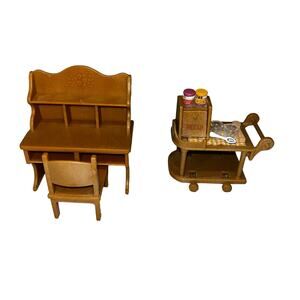 Sylvanian Families Calico Critters Study Desk & Kitchen Food Cart Doll Furniture